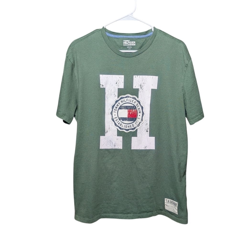 Tommy Hilfiger Retro Olive Green Logo Short Sleeve Tee Men's Large 90s 00s EUC - Picture 7 of 11